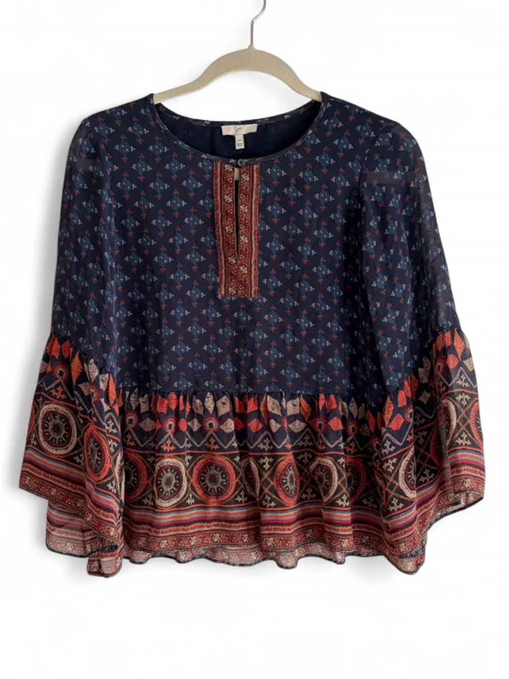 Joie Navy Blue Print Split Neck Ruffle Sleeve Boho Blouse Size XS